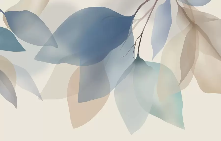 Valokuvatapetti tyylikkäät puoliläpinäkyvät lehdet sinisen ja beigen sävyissä w05060