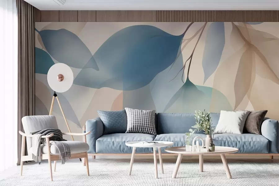 Valokuvatapetti tyylikkäät puoliläpinäkyvät lehdet sinisen ja beigen sävyissä w05060