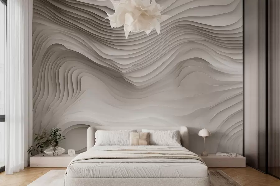 Valokuvatapetti beigen sävyissä olevien, tilaa vievien porrastettujen reliefien jäljitelmä w05061v1