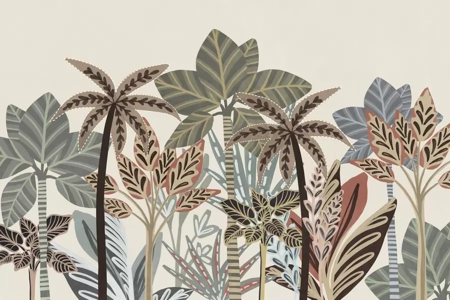 Valokuvatapetti Teksturoidut trooppiset kasvit ja palmut hillityillä väreillä koristeellisessa boho-tyylissä kermanvärisellä taustalla w09639