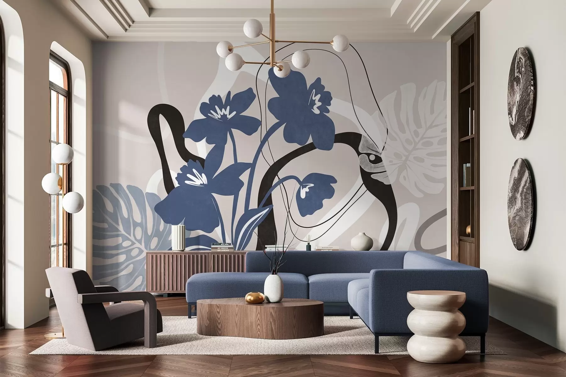 Valokuvatapetti Abstrakti teksturoitu sininen kukka, jossa on valkoisia ja mustia muotoja vaaleanbeigen taustalla, minimalistinen taide w09645