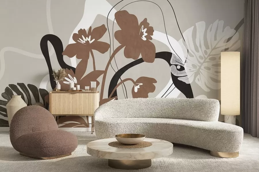 Valokuvatapetti Abstrakti teksturoitu ruskea kukka, jossa on valkoisia ja mustia muotoja beigeä taustaa vasten, minimalistinen taide w09645v1