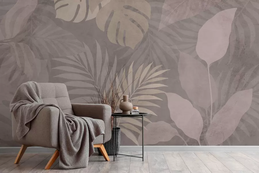 Valokuvatapetti teksturoidut trooppiset lehdet harmaalla taustalla w05063v1