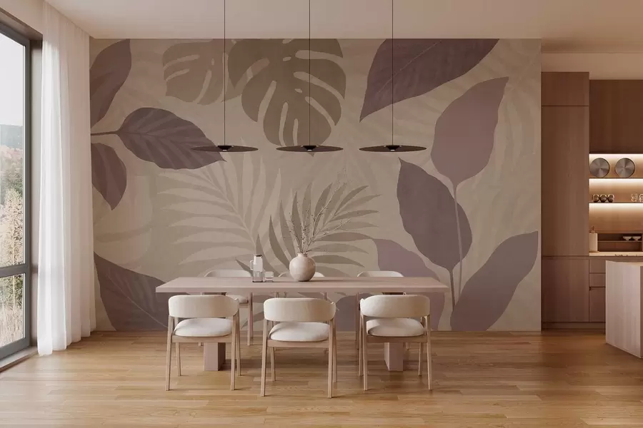 Valokuvatapetti kuvioidut trooppiset lehdet hiekkaisella taustalla w05063