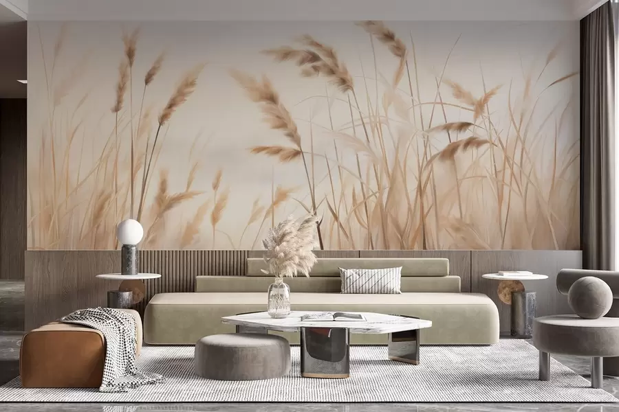 Valokuvatapetti Pitkä, teksturoitu kuiva ruoho ja vehnän tähkät pellolla pehmeää, vaaleaa taustaa vasten w09648