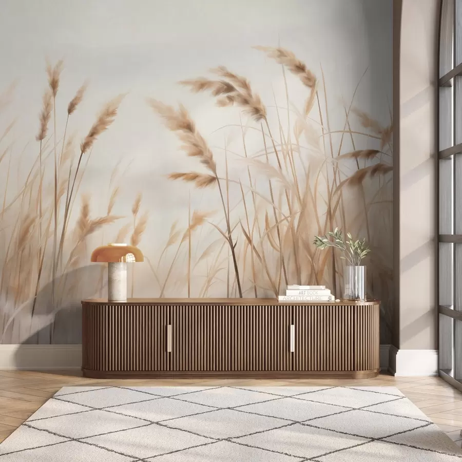 Valokuvatapetti Pitkä, teksturoitu kuiva ruoho ja vehnän tähkät pellolla pehmeää, vaaleaa taustaa vasten w09648