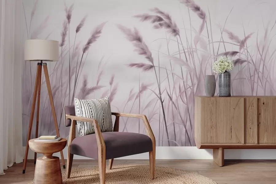 Valokuvatapetti Pitkä, teksturoitu kuiva ruoho ja vehnän tähkät pellolla pehmeää, vaaleaa taustaa vasten w09648v2