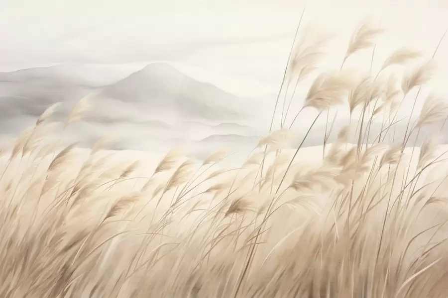 Valokuvatapetti Teksturoitu vuoristomaisema, jossa on korkeaa, kuivaa ruohoa sumuisen taivaan alla w09649