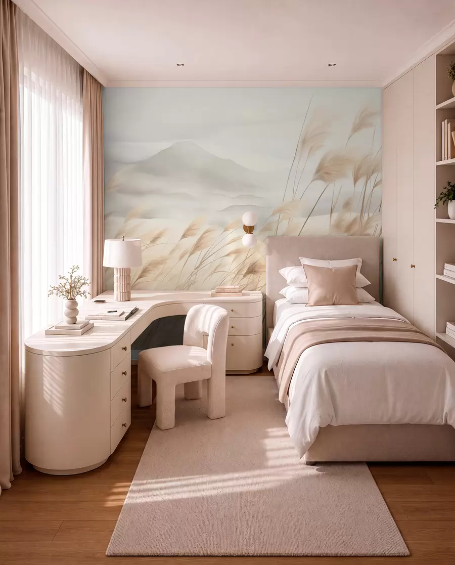 Valokuvatapetti Teksturoitu vuoristomaisema, jossa on korkeaa, kuivaa ruohoa sumuisen taivaan alla w09649