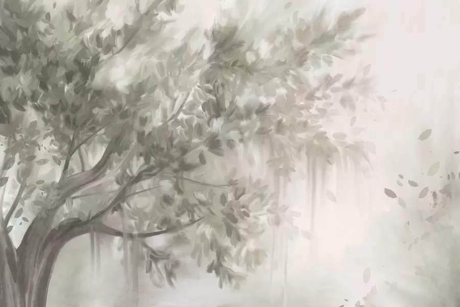 Valokuvatapetti Teksturoitu puu, jossa on vaaleanvihreät lehdet ja oksat, pehmeällä, sumuisella taustalla w09650