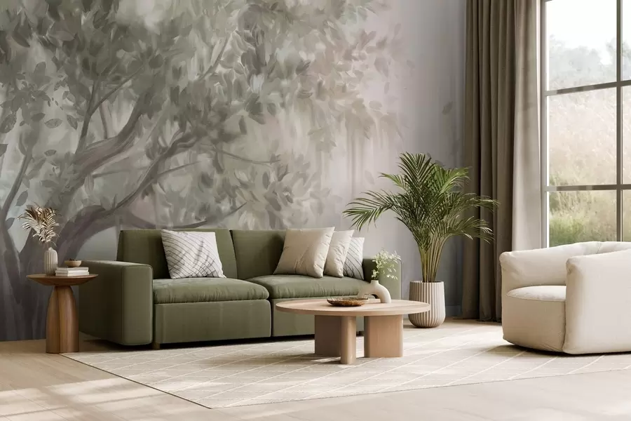 Valokuvatapetti Teksturoitu puu, jossa on vaaleanvihreät lehdet ja oksat, pehmeällä, sumuisella taustalla w09650