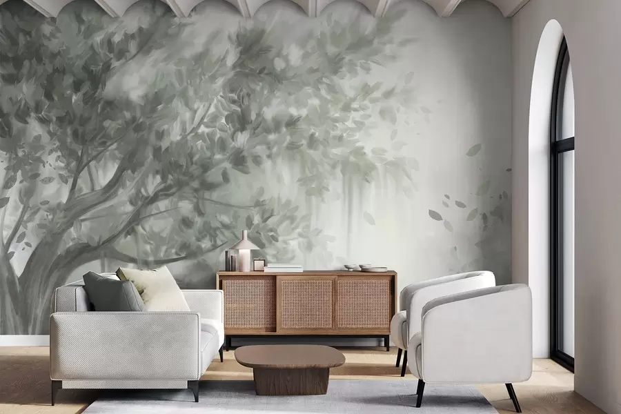 Valokuvatapetti Teksturoitu puu, jossa on vihreät lehdet ja oksat, pehmeällä, sumuisella taustalla w09650v1