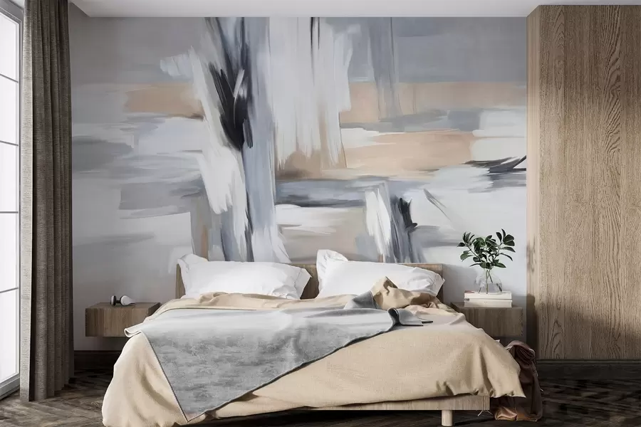 Valokuvatapetti Abstrakti teksturoitu maalaustekniikka, jossa on valkoisen, harmaan ja beigen sävyjä sisältäviä siveltimenvetoja. w09651