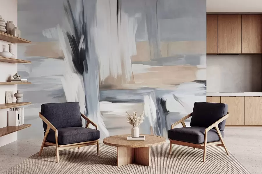 Valokuvatapetti Abstrakti teksturoitu maalaustekniikka, jossa on valkoisen, harmaan ja beigen sävyjä sisältäviä siveltimenvetoja. w09651