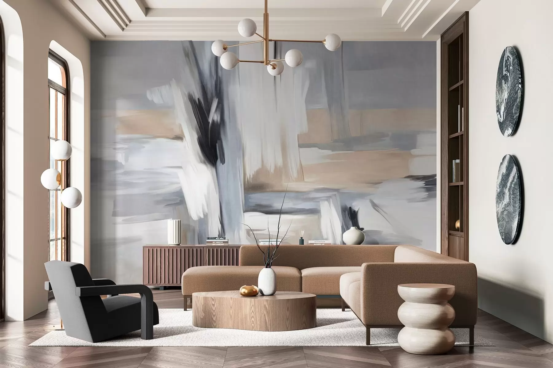 Valokuvatapetti Abstrakti teksturoitu maalaustekniikka, jossa on valkoisen, harmaan ja beigen sävyjä sisältäviä siveltimenvetoja. w09651