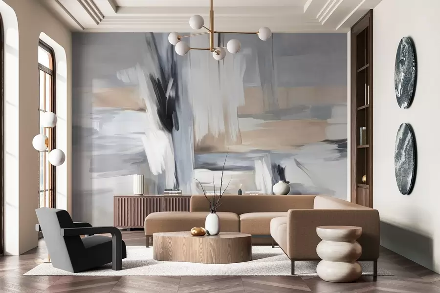 Valokuvatapetti Abstrakti teksturoitu maalaustekniikka, jossa on valkoisen, harmaan ja beigen sävyjä sisältäviä siveltimenvetoja. w09651