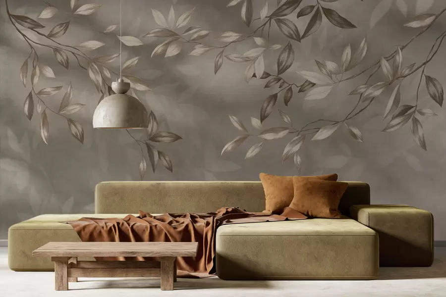 Valokuvatapetti Hienostuneet, beigeä sävyiset lehtiset oksat vaalealla taustalla w05113v2