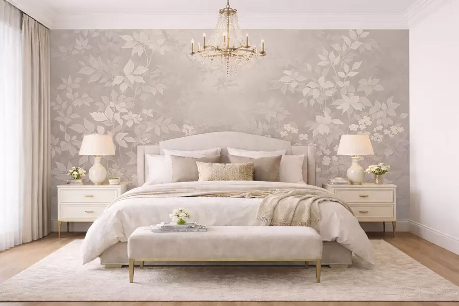 Valokuvatapetti Kevyt kasvitieteellinen koriste, jossa on lehtiä ja pieniä kukkia w05115