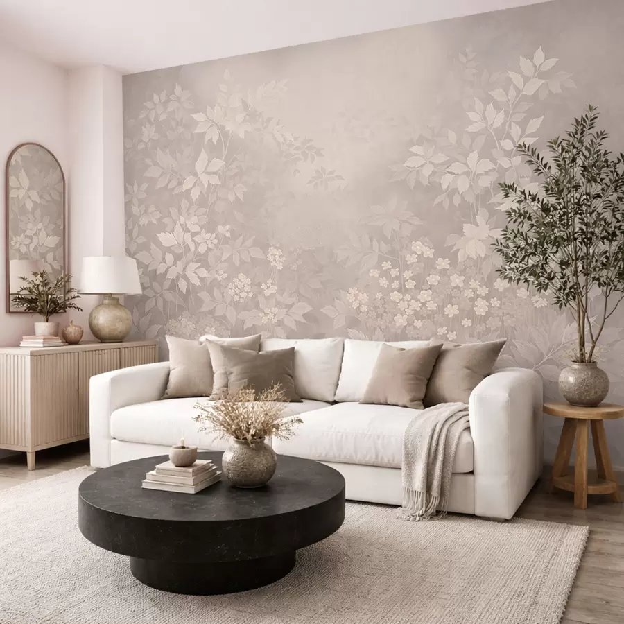 Valokuvatapetti Kevyt kasvitieteellinen koriste, jossa on lehtiä ja pieniä kukkia w05115