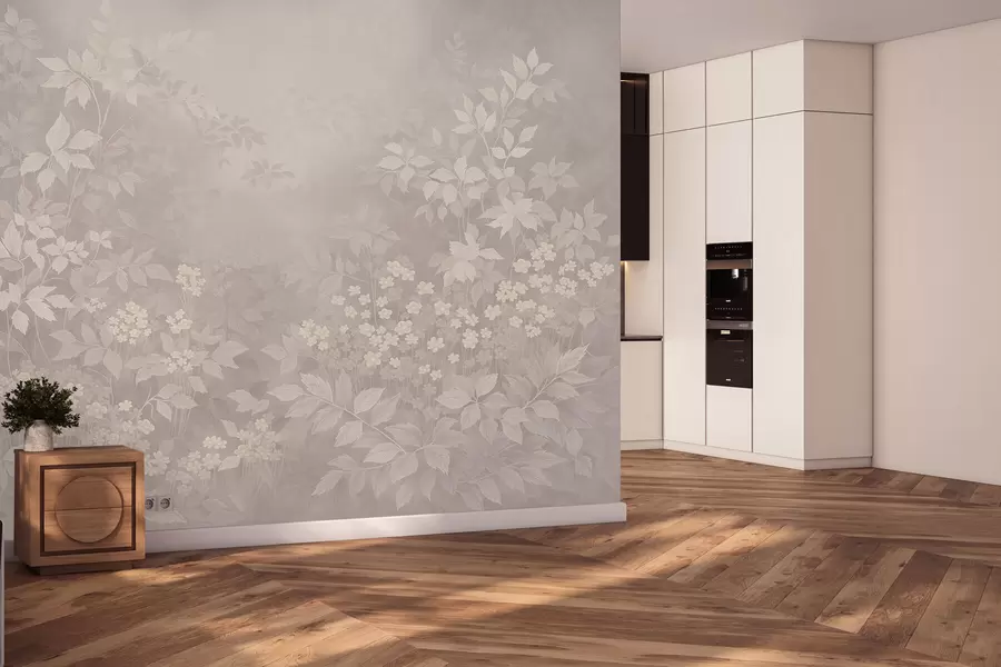 Valokuvatapetti Kevyt kasvitieteellinen koriste, jossa on lehtiä ja pieniä kukkia w05115