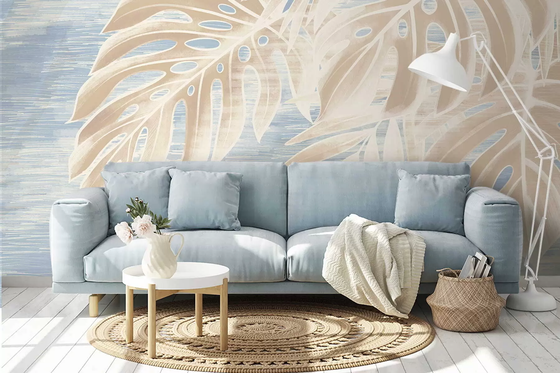 Valokuvatapetti Abstraktit lehdet lämpimissä beige-sävyissä vaalealla taustalla w05130