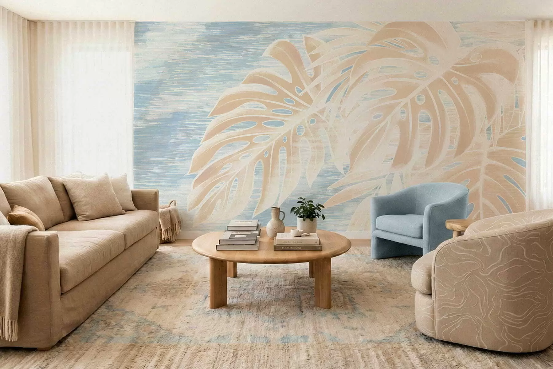 Valokuvatapetti Abstraktit lehdet lämpimissä beige-sävyissä vaalealla taustalla w05130