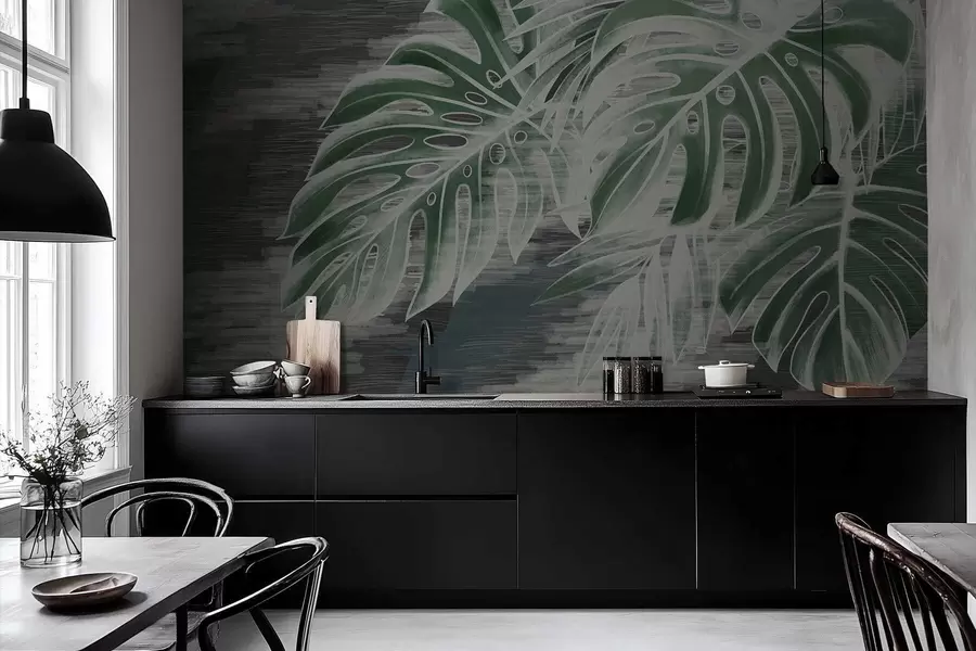 Valokuvatapetti Tummanvihreät lehdet teksturoidulla tummalla taustalla w05130v4