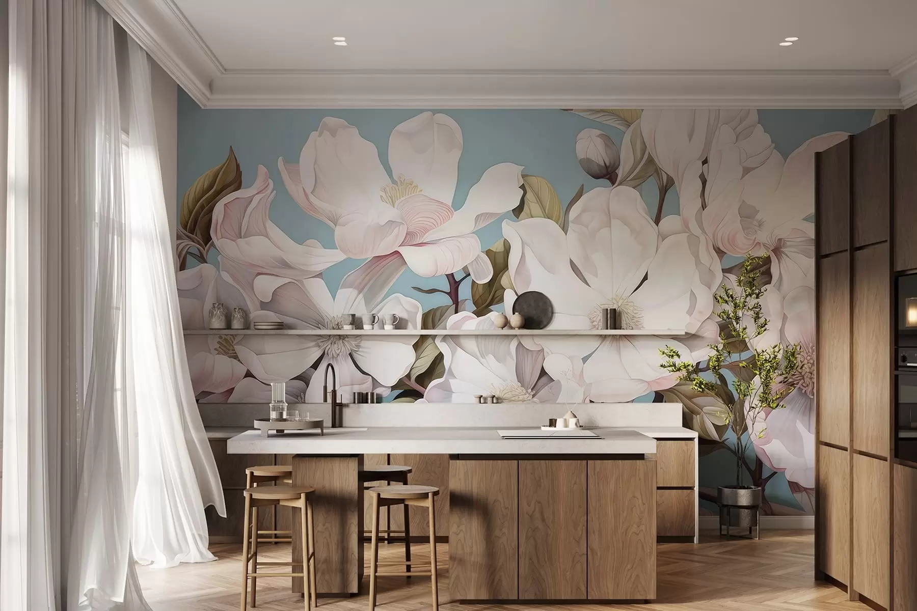 Valokuvatapetti Rehevät kukat puun oksalla w05178