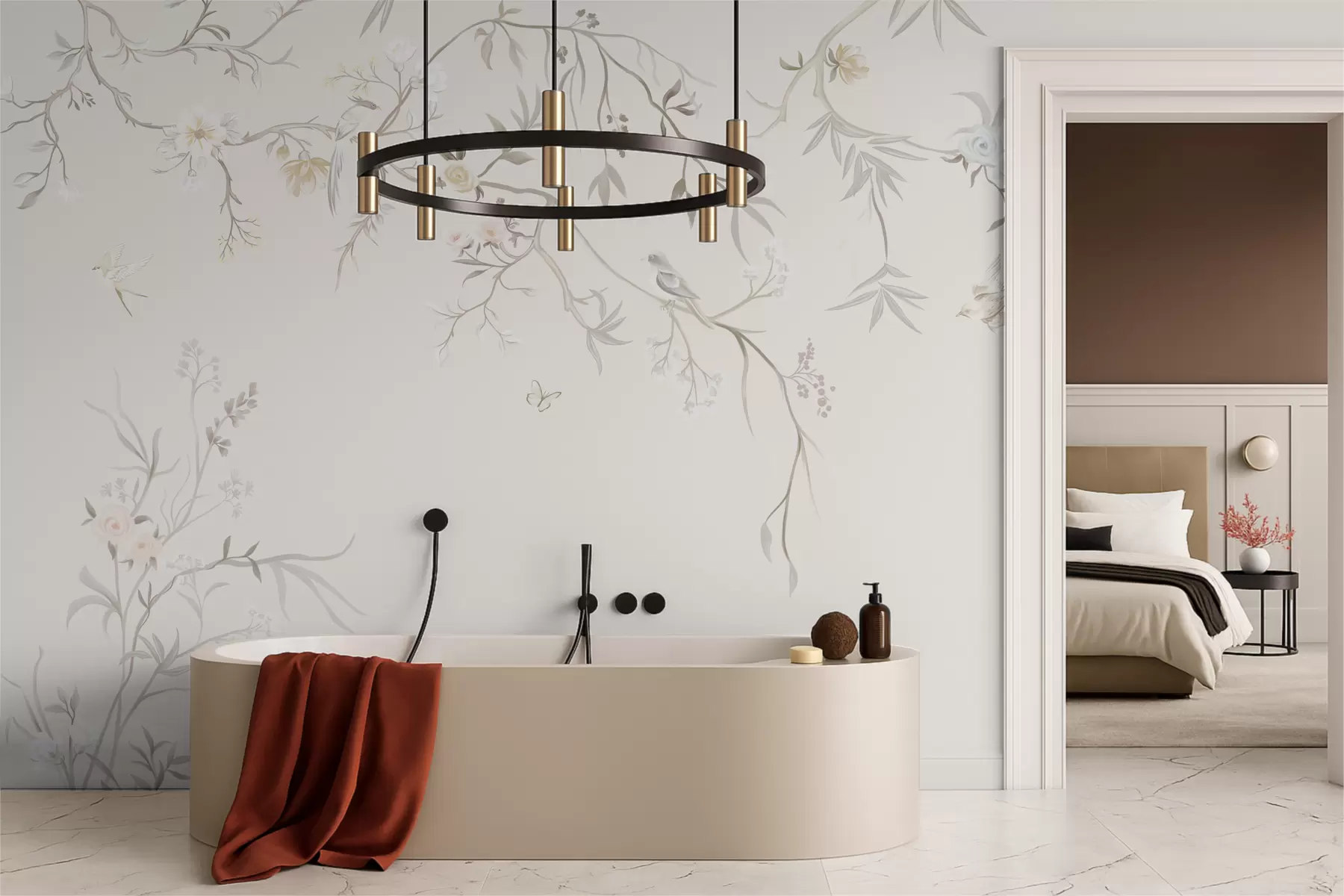 Valokuvatapetti Hienostuneet kukat ja linnut liitutaustalla w05127