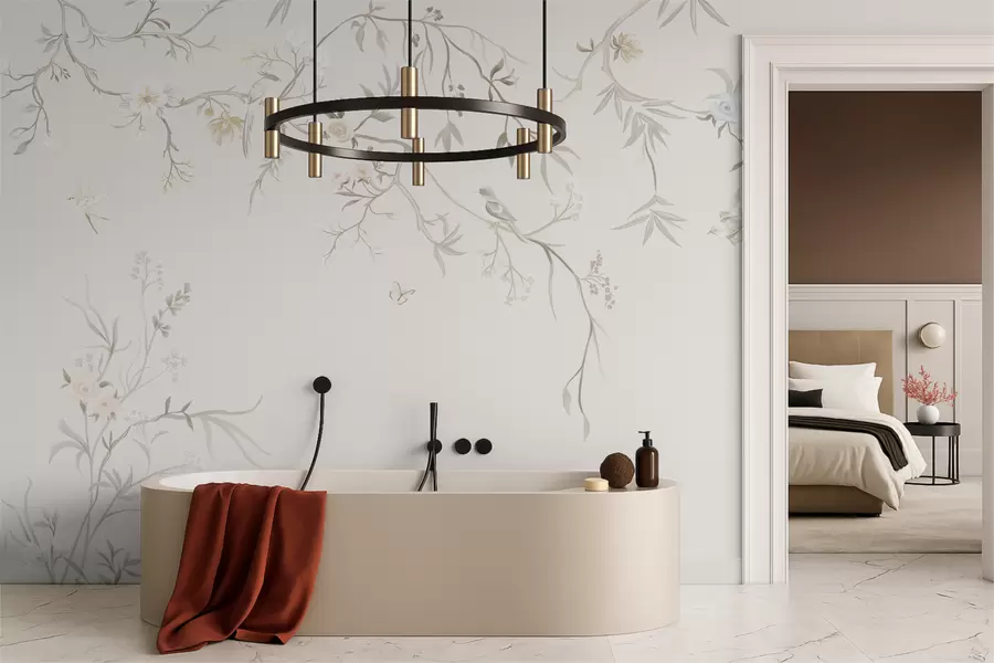 Valokuvatapetti Hienostuneet kukat ja linnut liitutaustalla w05127