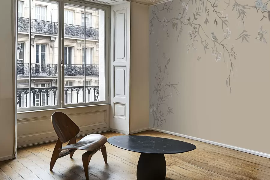 Valokuvatapetti Kukkaisoksat ja linnut lämpimällä beige-taustalla w05127v1