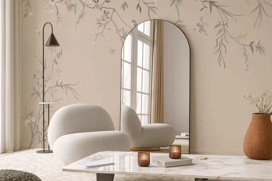 Valokuvatapetti Kukkaisoksat ja linnut lämpimällä beige-taustalla w05127v1