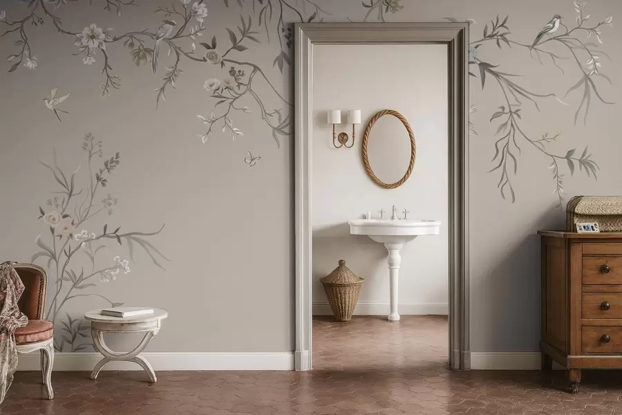 Valokuvatapetti Kukkakoriste ja linnut neutraalilla taustalla w05127v3