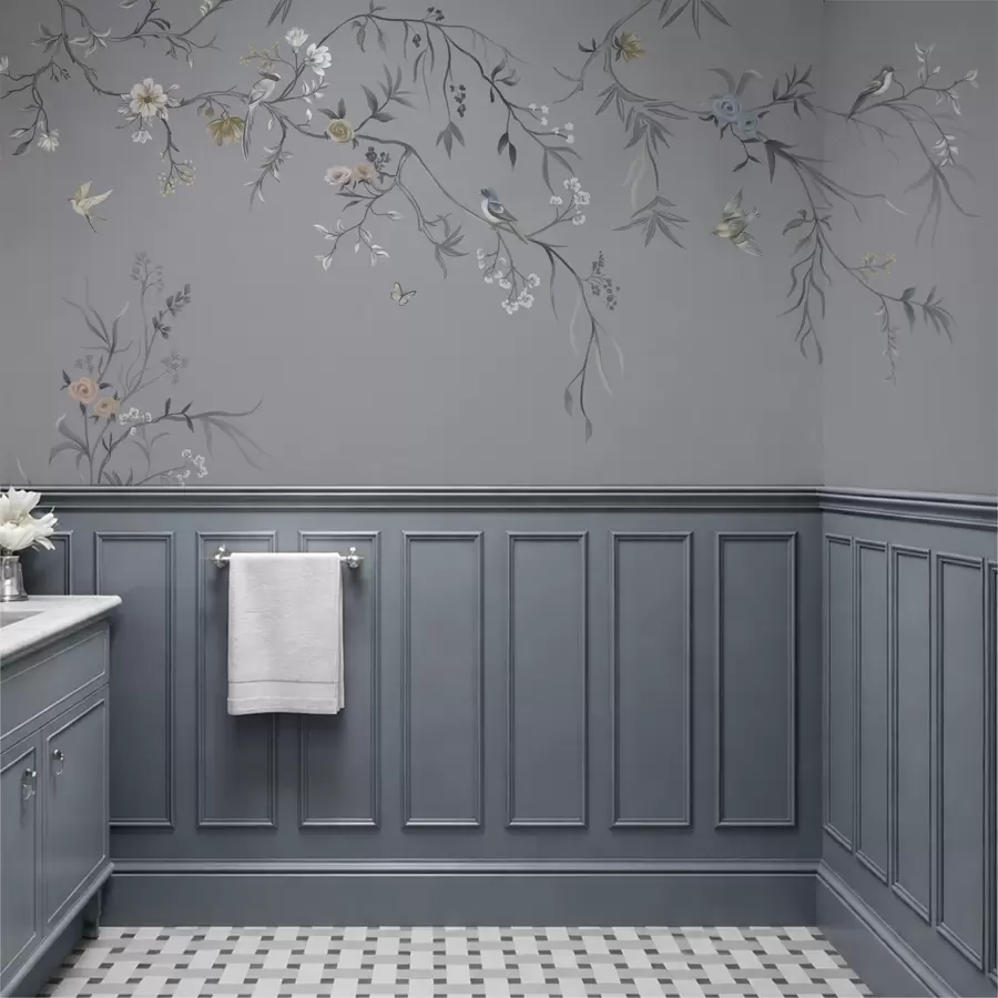 Valokuvatapetti Kukkaisoksat ja linnut vihertävällä taustalla w05127v5