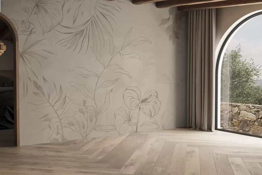 Valokuvatapetti Lineaariset kasvit teksturoidulla beige-taustalla w05128