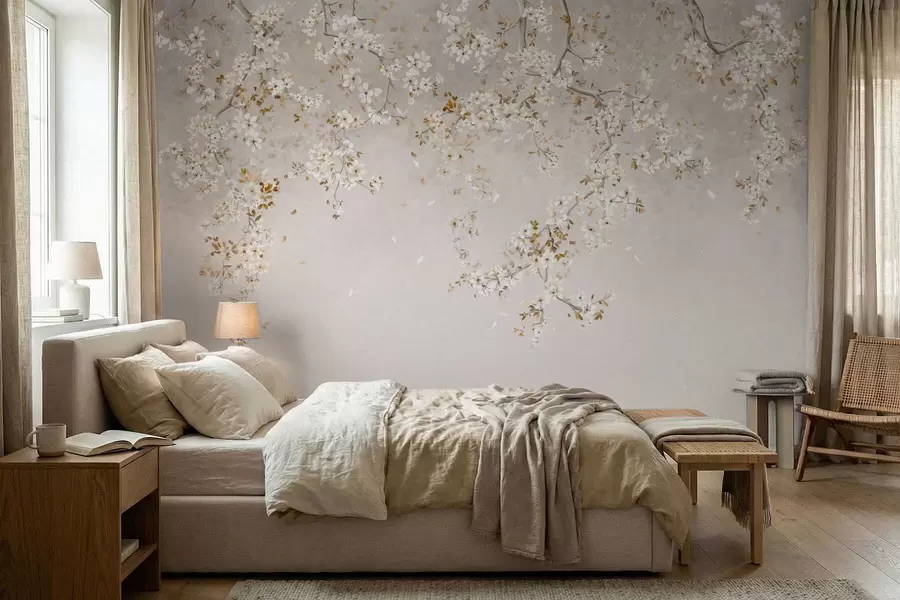 Valokuvatapetti Haarat, joissa on valkoisia kukkia pehmeällä beige-taustalla w05129