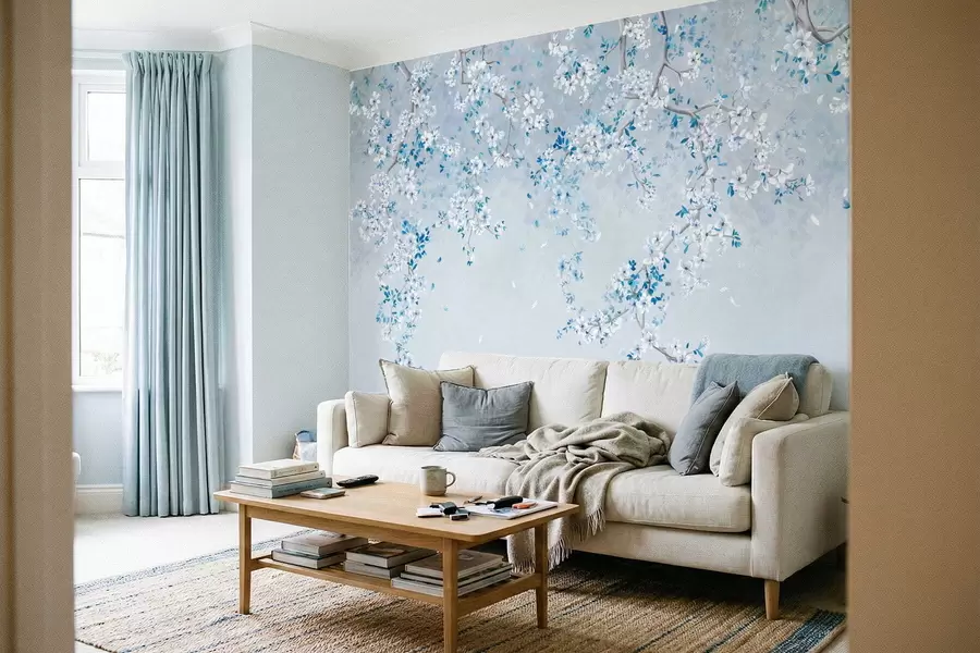 Valokuvatapetti Valkoiset ja siniset kukat viileällä taustalla w05129v2