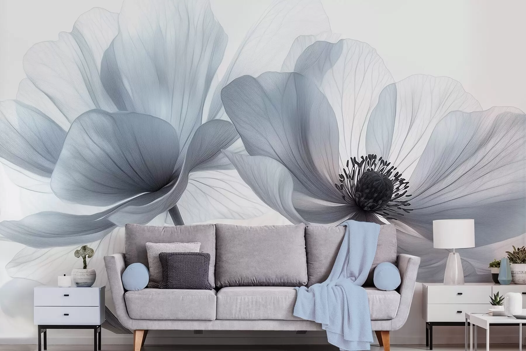 Valokuvatapetti Läpikuultavat sinertävänvalkoiset kukat vaalealla taustalla w09720