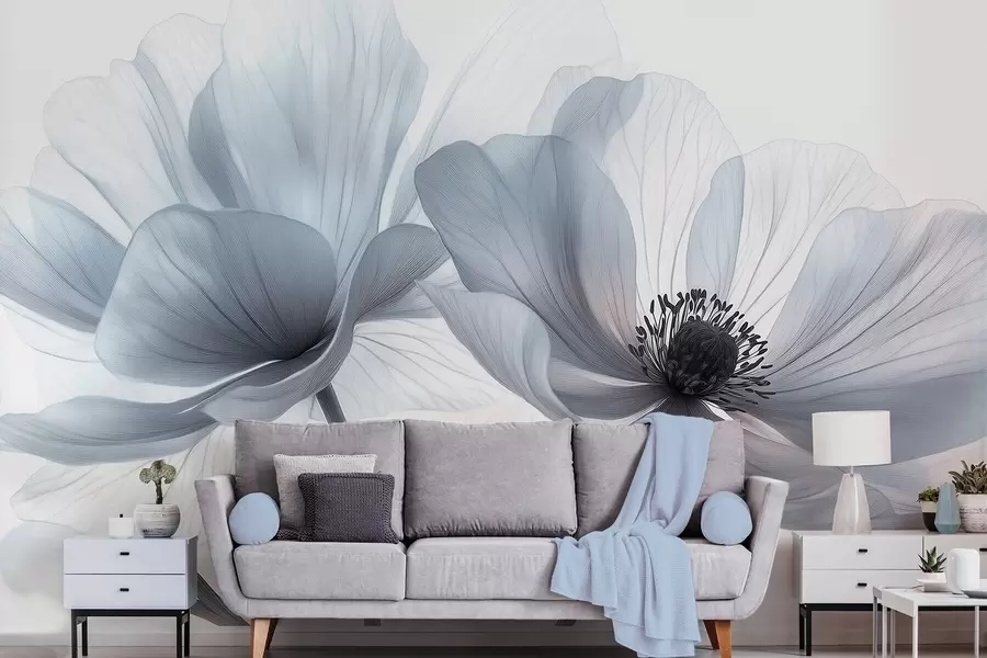 Valokuvatapetti Läpikuultavat sinertävänvalkoiset kukat vaalealla taustalla w09720