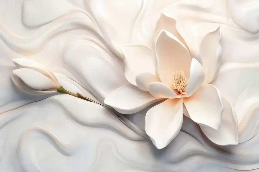 Valokuvatapetti Kolmiulotteinen valkoinen magnolia, jossa on marmorin tekstuuria jäljittelevä reliefi w09729