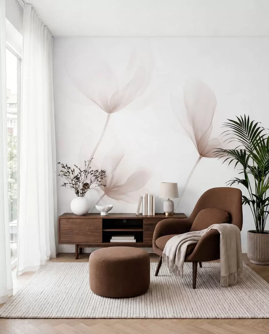 Valokuvatapetti Ilmavat beige kukat minimalistisessa kevyessä tyylissä w09734