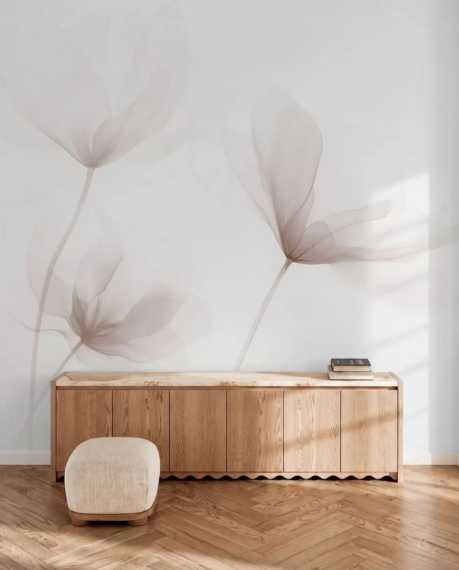 Valokuvatapetti Ilmavat beige kukat minimalistisessa kevyessä tyylissä w09734