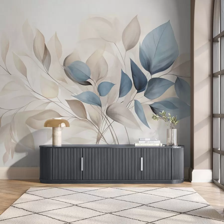 Valokuvatapetti Abstraktit läpikuultavat lehdet sinisen, beigen ja kerman sävyissä, teksturoitu taide w09744