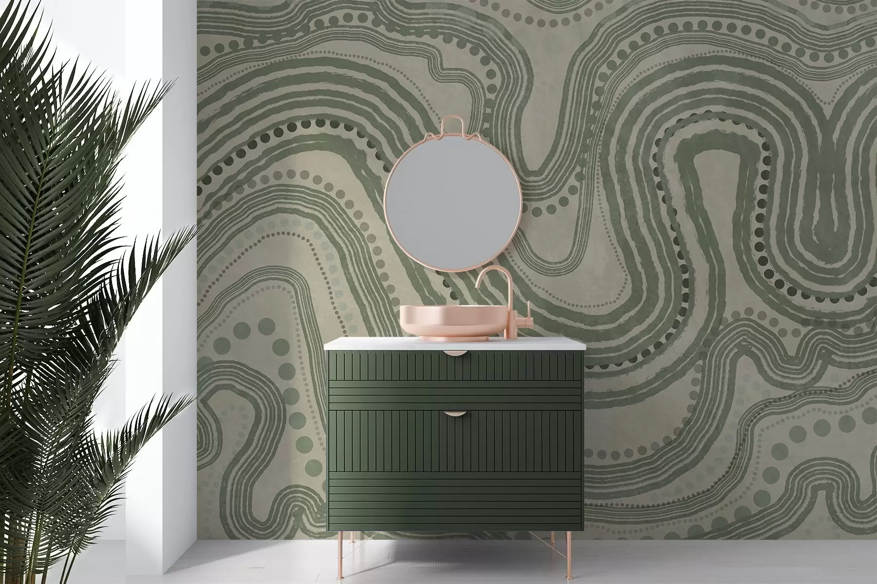 Valokuvatapetti Abstraktit vihreät ja beige aaltoilevat viivat ja pisteet, moderni teksturoitu taide w09747