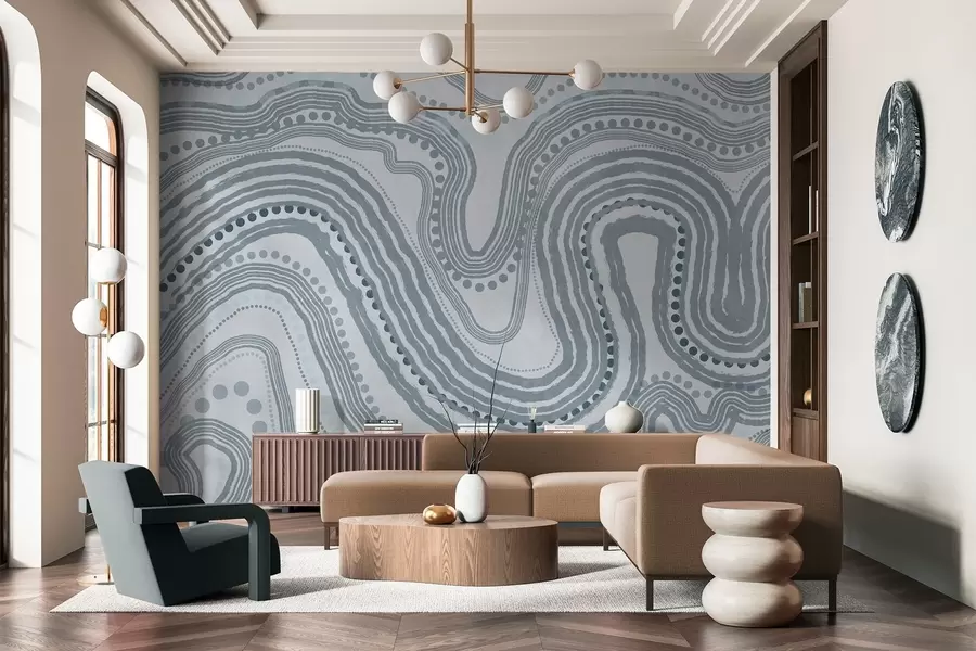 Valokuvatapetti Abstraktit siniset aaltoilevat viivat ja pisteet, moderni teksturoitu taide w09747v3