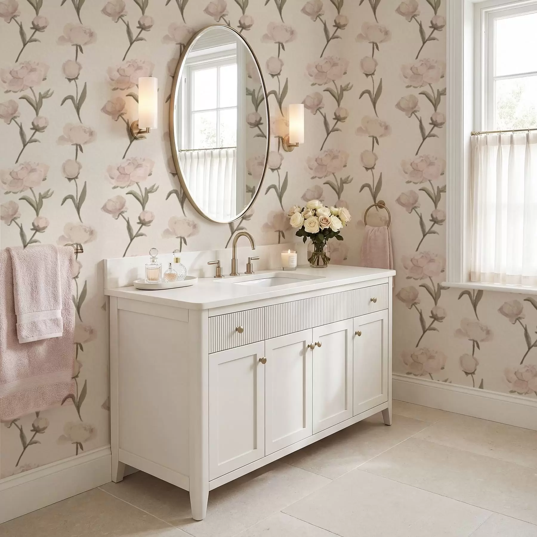 Valokuvatapetti Vaaleanpunaiset pionit vaalealla taustalla a01114