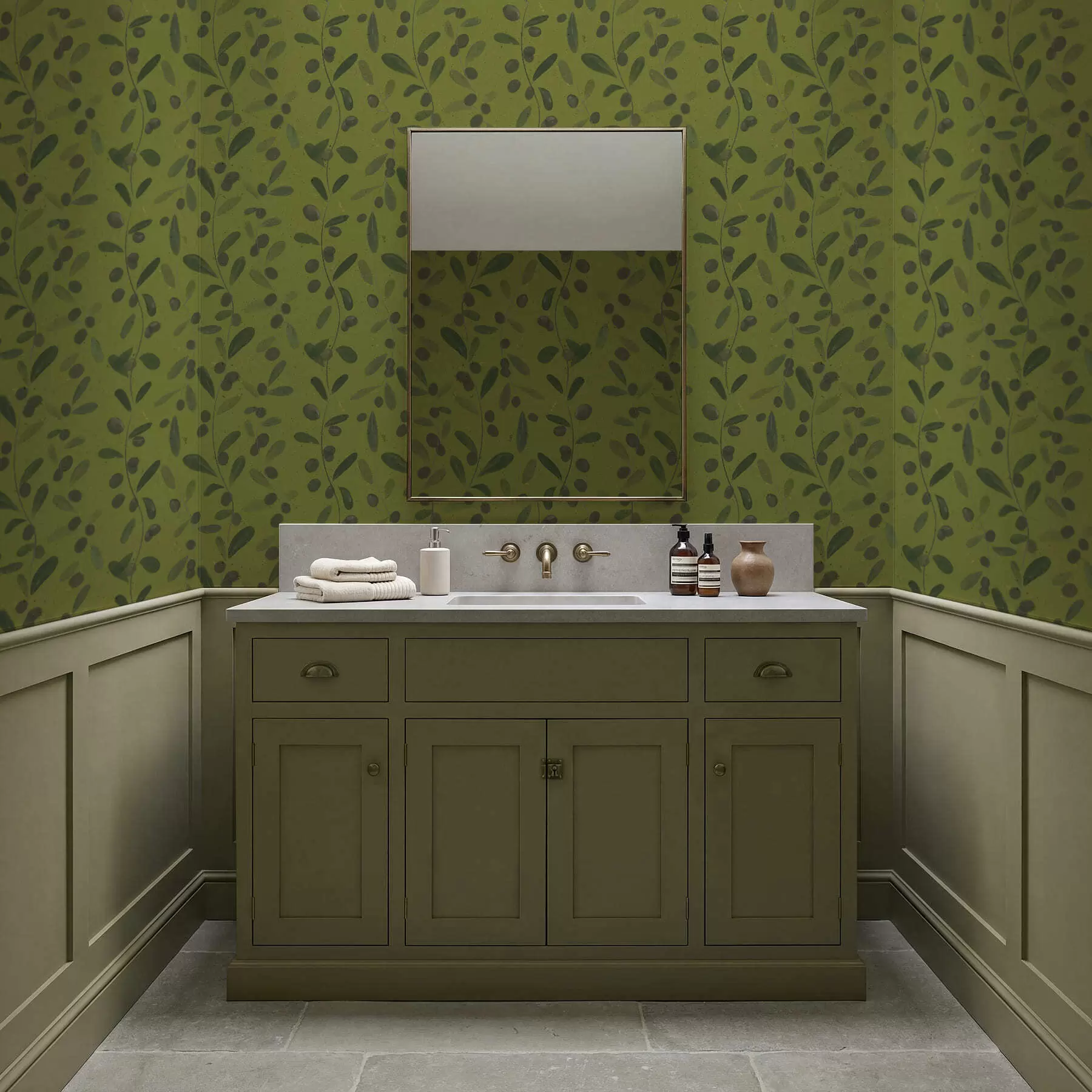 Valokuvatapetti Vihreät oksat, joissa on lehtiä ja marjoja oliivipuussa a01113