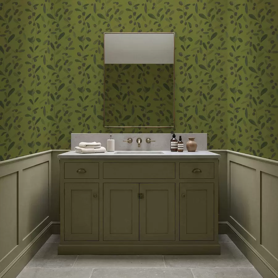 Valokuvatapetti Vihreät oksat, joissa on lehtiä ja marjoja oliivipuussa a01113