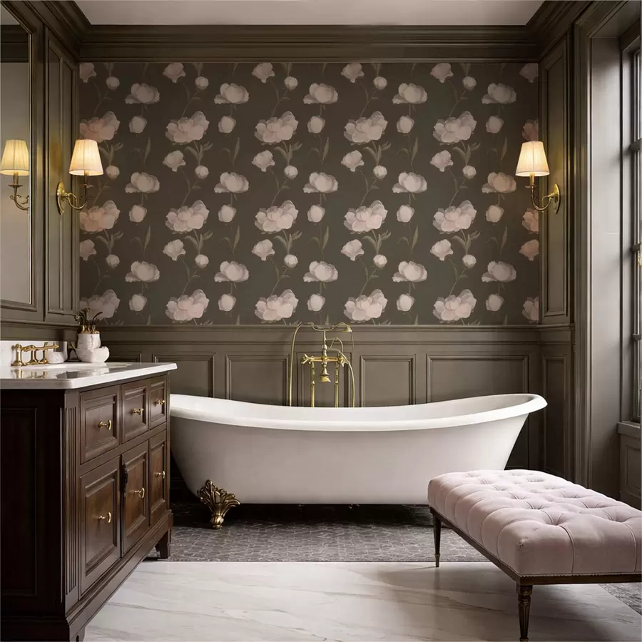 Valokuvatapetti Pehmeän vaaleanpunaiset pionit tummalla taustalla a01114v1