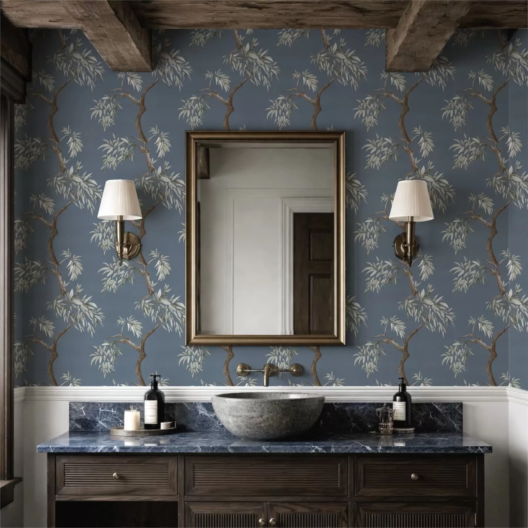 Valokuvatapetti Lehtinen puun oksa sinisellä taustalla a01117